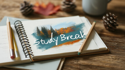 autumn study break concept with notebook and pinecones on rustic table 