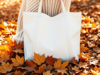 Autumnal tote bag in fall leaves mockup