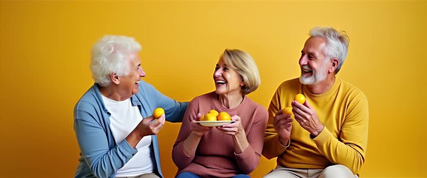 Elderly friends enjoying joyful conversation and sharing lemons, as the camera gently pans across their cheerful faces, with soft ambient light enhancing the vibrant, minimalist setting.