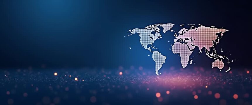Global network visualization with digital world map glowing softly, ambient lights flickering; camera gently pans across the scene, creating a cinematic, futuristic atmosphere.