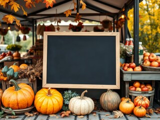 Autumn market display with pumpkins and apples price mockup