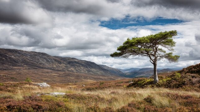 A lone windswept Scots pine tree stands defiantly on a vast heather-covered moor with dramatic skies above Scotland.