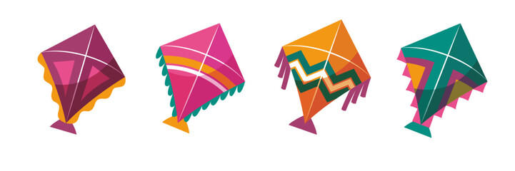 Four vibrant, stylized kites with unique geometric designs and colorful decorative frills.
