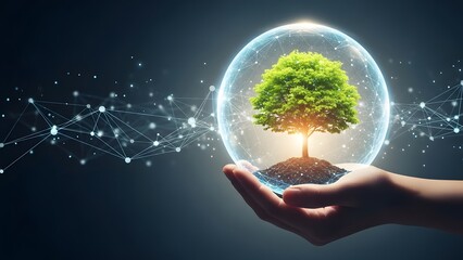 Human hand holding glowing green tree in glass sphere with digital network. Environmental protection and global ecology. Person supporting sustainable earth with futuristic tech data