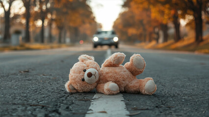 Abandoned Teddy Bear Lying on Road with Approaching Car