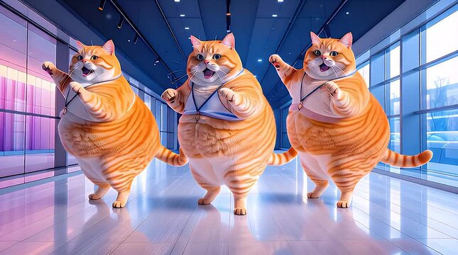 Three cartoon cats dancing in a futuristic hallway with neon lights