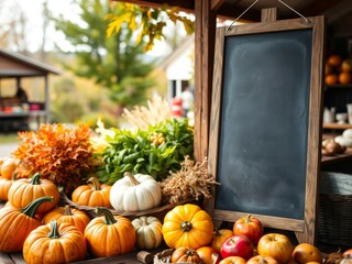 Autumn harvest display with chalkboard price mockup