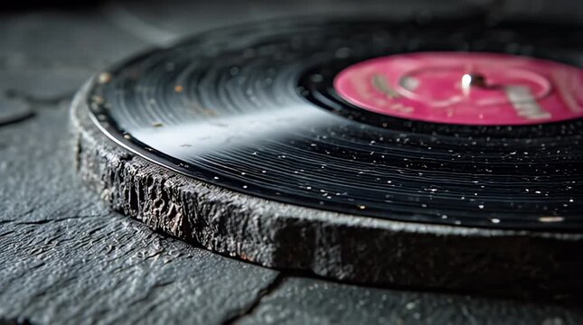 Vinyl record close-up; grooves and pink label visible, sitting on dark textured stone surface