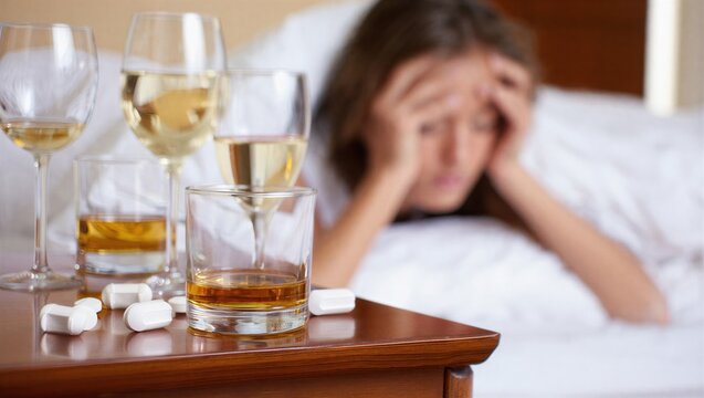 A woman lies in bed with a pained expression, surrounded by empty glasses and pills. Alcohol addiction and recovery concept. - Powered by Adobe