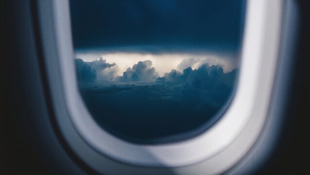 Clouds are visible through an airplane window, showcasing a dramatic sky. A serene travel experience above the clouds.