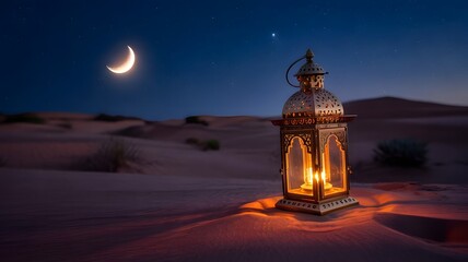 A serene lantern stands illuminated in the desert sand under a crescent moon night sky