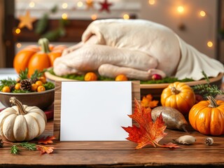 Thanksgiving turkey with autumn decorations menu card mockup