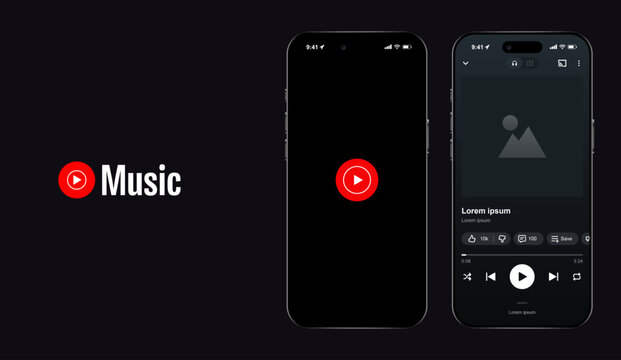 YouTube Music streaming service mockup with playlist layout, album artwork, and playback controls. Vector illustration of digital music platform user interface for modern audio.