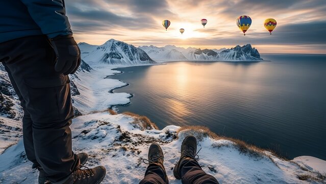 Person legs on snowy cliff overlooking ocean and hot air balloons. Adventure travel and wanderlust lifestyle. Hiker sitting on mountain edge enjoying winter sunrise vista over water