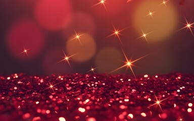 A sparkling red glittering surface with shining stars against a blurred red and yellow background