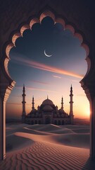 A serene desert mosque at dusk viewed through an ornate archway under a crescent moon