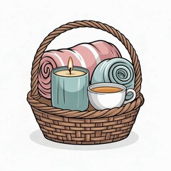 a basket with towels, an aroma candle and a cup of tea illustration 