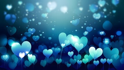 Scattered hearts floating gently in a dark blue atmosphere with soft glowing light