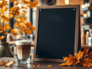 Autumn-themed coffee shop interior menu board mockup