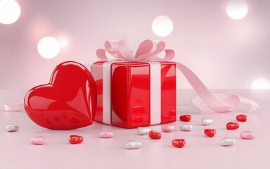 A beautifully wrapped red gift box with a heart-shaped container and sweets on a pink background with soft lights