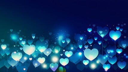 A vibrant display of glowing hearts floating against a dark blue background