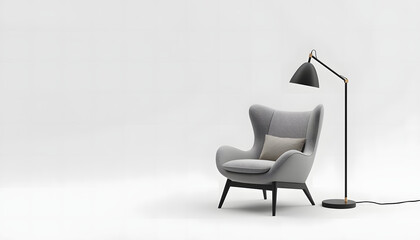 3D modern chair and lamp on a minimalistic interior scene, realistic lighting and textures, white background, furniture stock image style