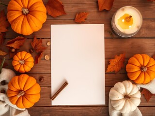 Autumnal still life with pumpkins and candle blank paper mockup