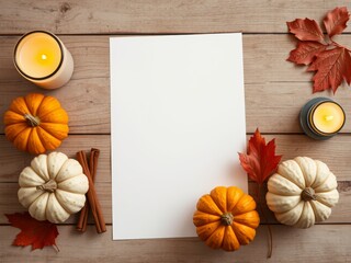 Autumnal still life with paper and decorations blank paper mockup
