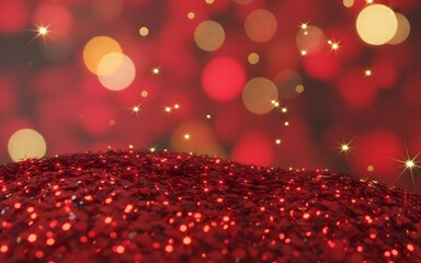 A vibrant red glittering surface against a backdrop of blurred, shimmering red and gold lights