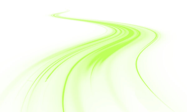 Glowing green neon laser streaks move across city highways. Biofuel cars save nature. Light wave trails, motion swirls, energy lines show dynamic speed and traffic flow. Vector PNG. 