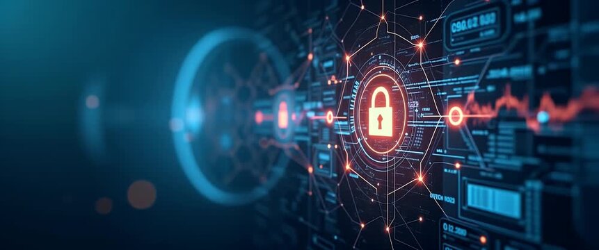 Futuristic cybersecurity interface with animated data flow and lock icons, dynamic camera tracking through digital network, and subtle ambient circuit motion in a sleek, cinematic style.