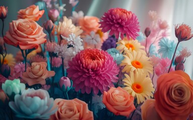 Vibrant flowers in full bloom, a colorful display of roses, dahlias, and other flowers in a close-up view