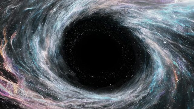 A striking artistic depiction of a swirling black hole in the vastness of space. the image showcases a dynamic vortex emitting colorful cosmic gases and energy, evoking a sense of mystery and the infi