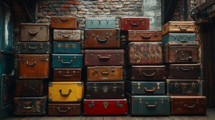Vintage suitcases in a chaotic heap display a mix of colors and worn textures, suggesting a history of travel and nostalgic tales.