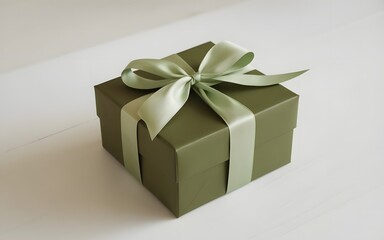 A beautifully wrapped green gift box with a ribbon on a white surface