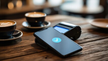 A smartphone with a payment app placed on a wooden table next to two coffee cups. Modern payment solutions in a cozy cafe setting.