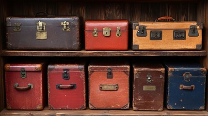 Vintage suitcases in disarray on a wooden shelf, showcasing a collection of worn travel trunks in various colors and textures, evoking a sense of nostalgia and travel history.