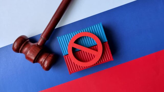 Containers on the russian flag as a backdrop and concept for embargoes and export bans. The russian export ban as a backdrop for your design