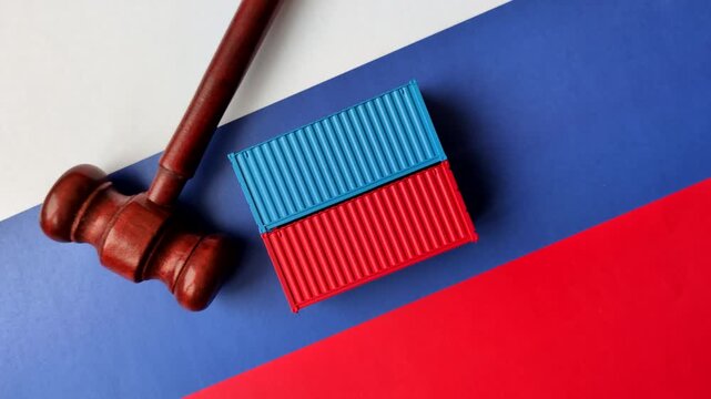 Containers on the russian flag as a backdrop and concept for embargoes and export bans. The russian export ban as a backdrop for your design