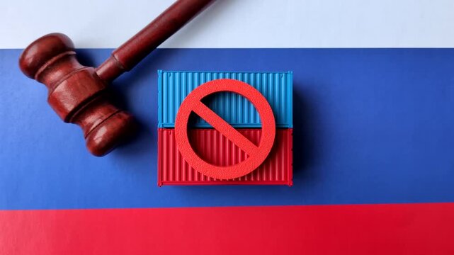 Containers on the russian flag as a backdrop and concept for embargoes and export bans. The russian export ban as a backdrop for your design