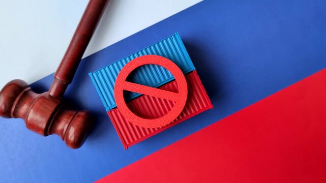Containers on the russian flag as a backdrop and concept for embargoes and export bans. The russian export ban as a backdrop for your design