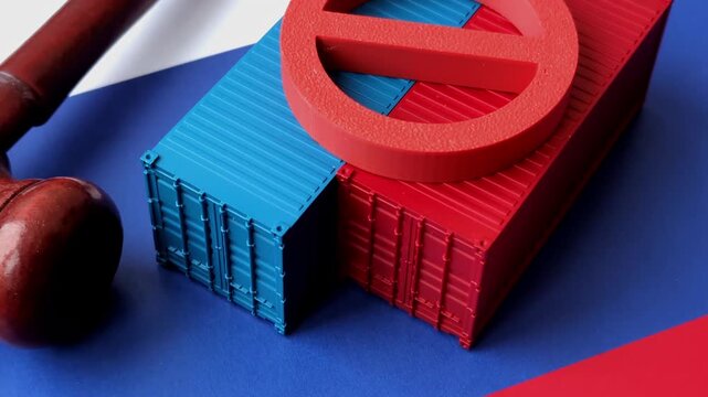 Containers on the russian flag as a backdrop and concept for embargoes and export bans. The russian export ban as a backdrop for your design