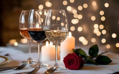 Wine glasses with a red rose on a table set for a romantic dinner