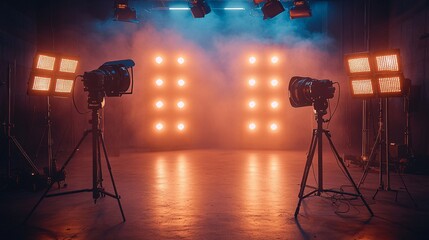 Warm bokeh lights create a chaotic background in a studio setting, with bright lights and fog adding to the dramatic ambiance, ideal for creative projects.