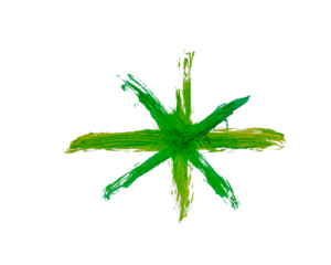 Abstract green and yellow brush strokes form a star. Energetic and artistic. Isolated on transparent background.