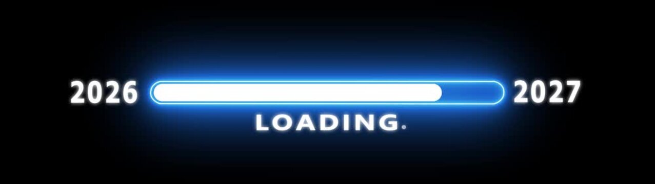 Futuristic 2026 to 2027 loading animation with glowing progress bar, digital transition effect, and modern countdown interface for new year visuals.