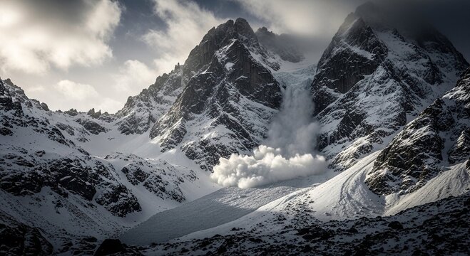 Avalanche of snow and ice falling down a snow-covered mountain. Natural disaster, wild nature power, winter danger concept for environmental documentary.