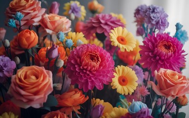 Vibrant flowers arranged in a lush bouquet captured from a close-up viewpoint showcasing diverse colors and intricate details