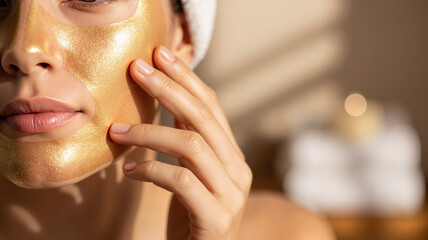 Woman applying gold facial mask while relaxing at home spa  