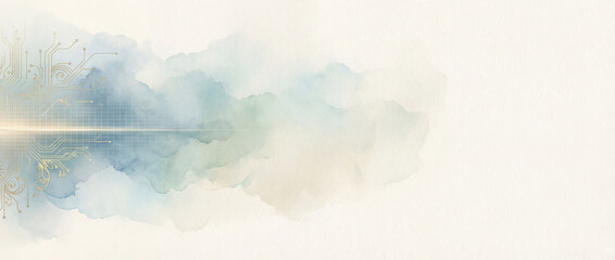 Watercolor Tech Background with Gold Circuit Lines and Copy Space, Abstract Digital Network Banner